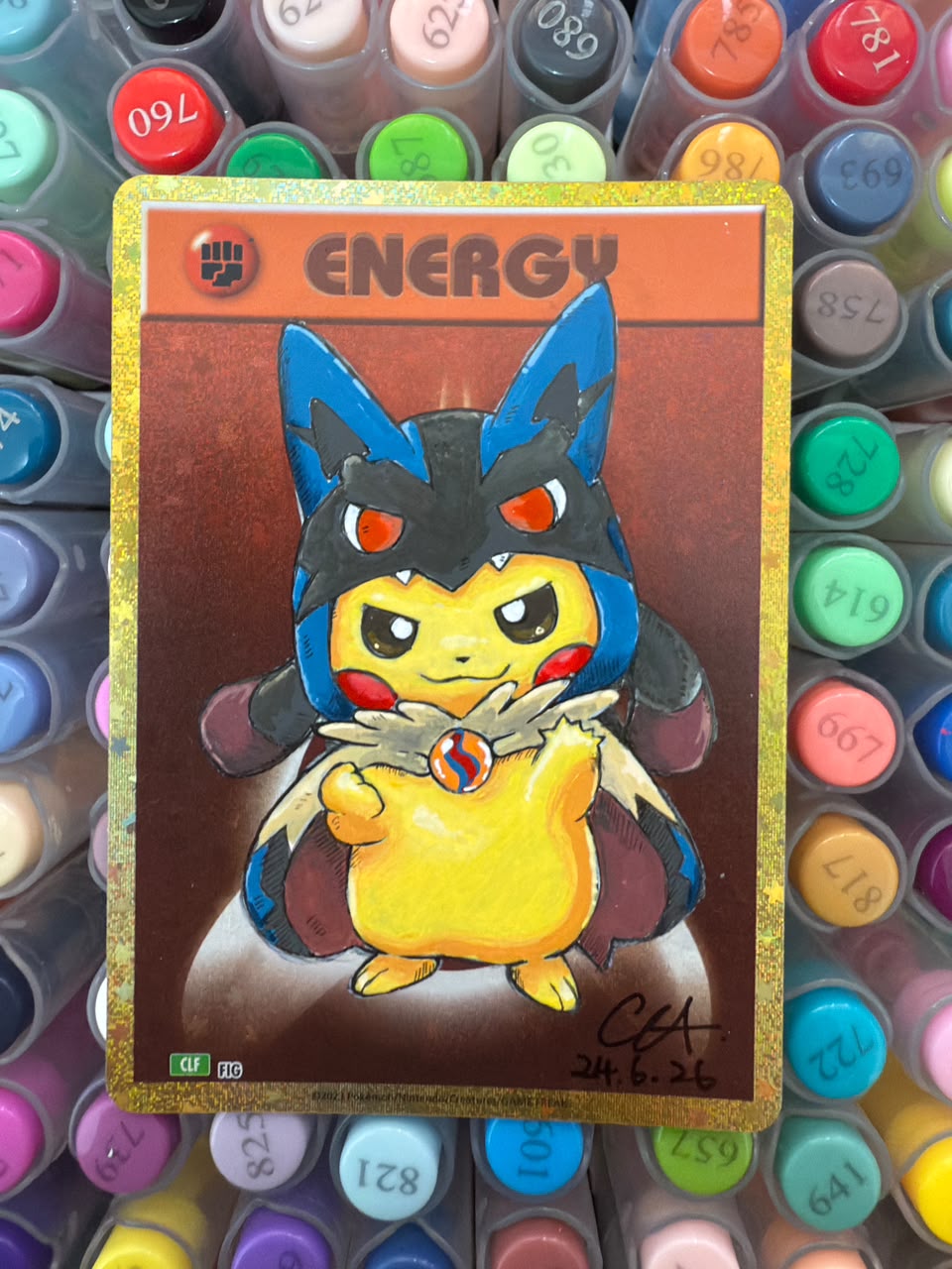 Mega Lucario Poncho Pikachu — hand-painted art card